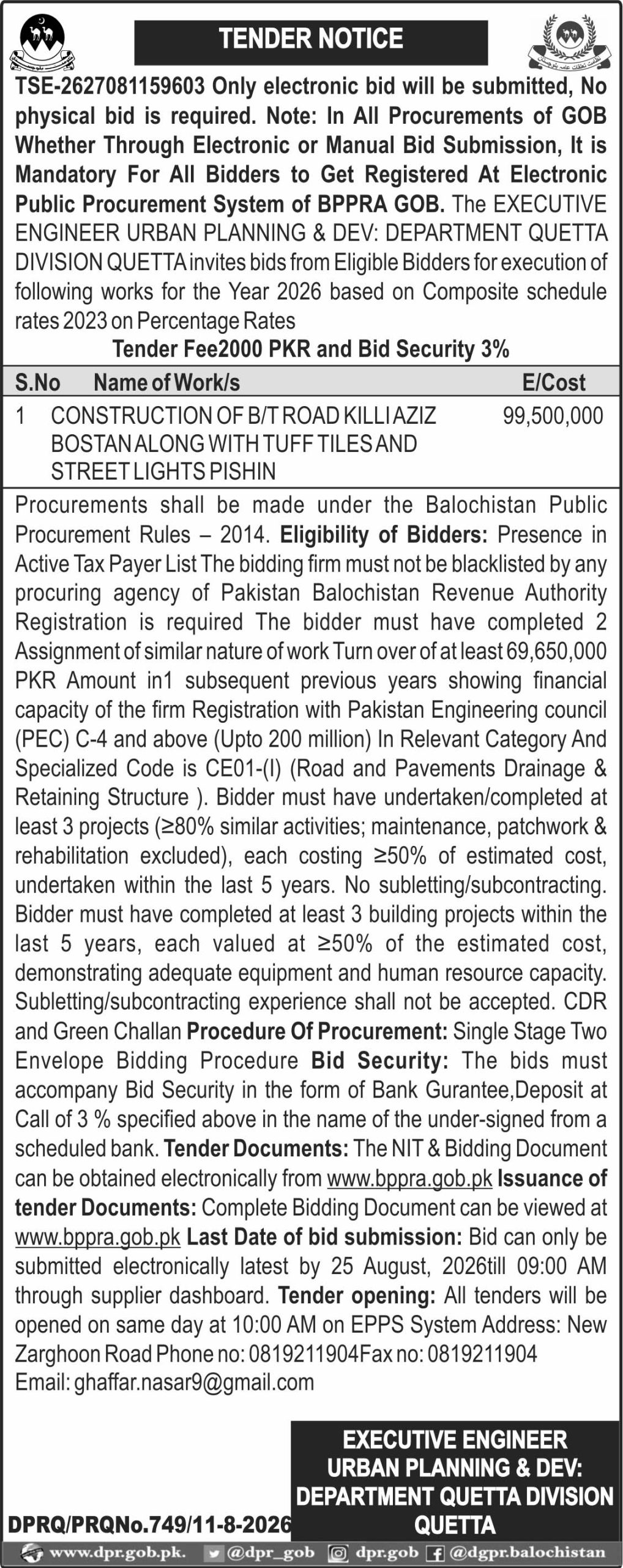 executive engineer urban planning division & dev department Quetta Division Quetta
