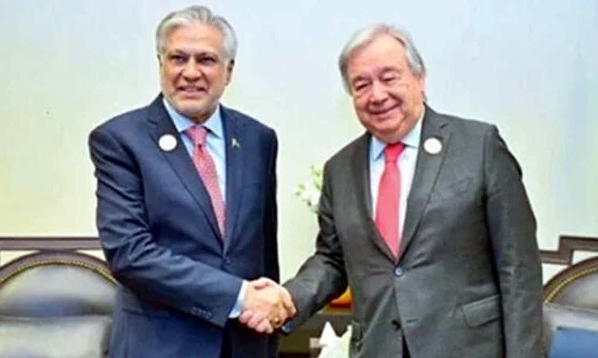 اسحاق ڈار اور سیکریٹری جنرل اقوام متحدہ کے درمیان رابطہ، باہمی دلچسپی کے امور پر تبادلہ خیال