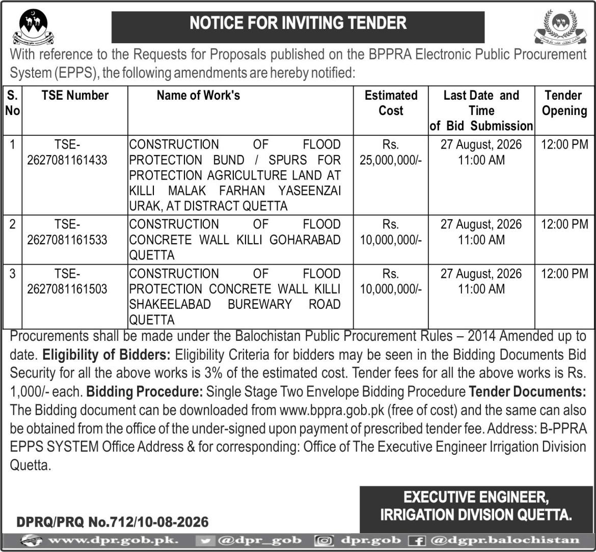 Notice For  Inviting  Tender Irrigation Quetta